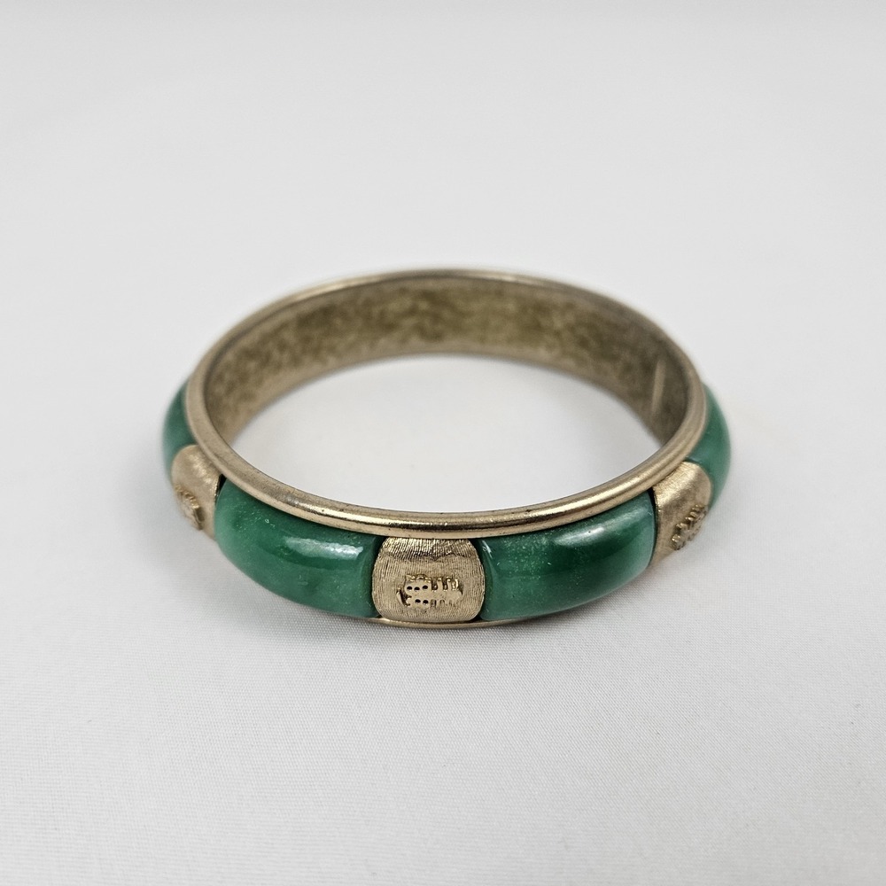 Vintage Brass Faux Jade Jadeite Bracelet With Bangle Asian Boho Festival